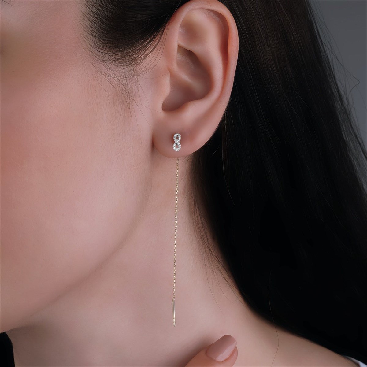 Taşlı Sonsuzluk Zincir Sallantılı Altın Küpe 14 K