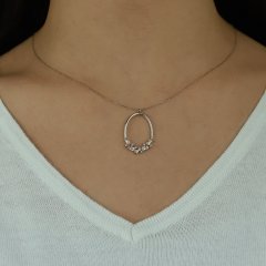 Beyaz Altın Baget Taşlı Oval Kolye 14 Ayar