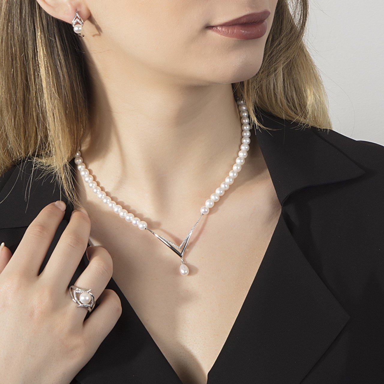 14K Triangle İnci Set