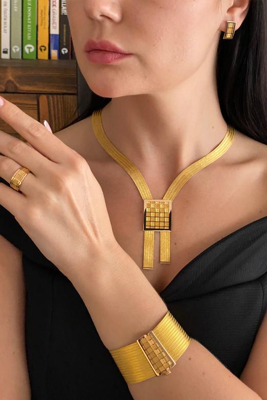 Ters Düz 15 Bilezik 5 Sıralı Parçalı Gerdanlık Set 14 Ayar